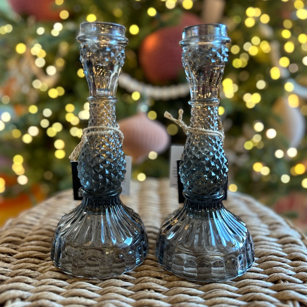 Glass gray tall candle holders Handcrafted in India 8.5" tall